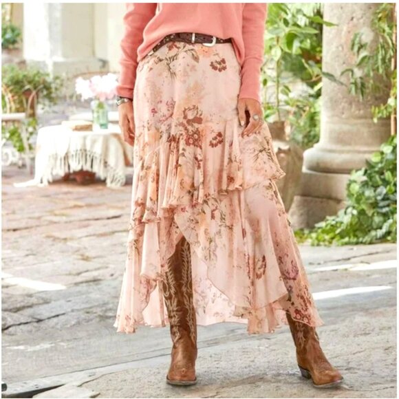 Sundance Versailles Pink Floral Maxi Ruffle Skirt Size M Feminine Boho Coastal